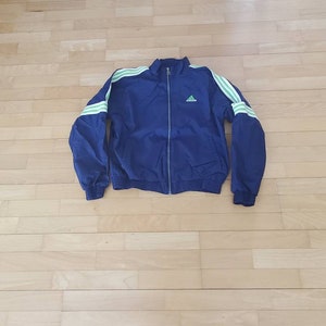 Lined Adidas nylon jacket front zip 90&#39;s vintage blue white lime colors has pockets men&#39;s medium Track Jacket
