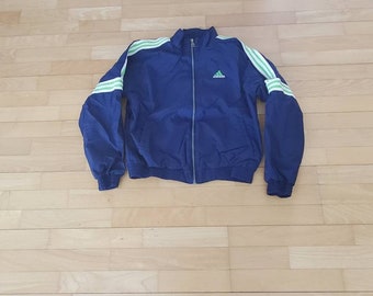 Lined Adidas nylon jacket front zip 90's vintage blue white lime colors has pockets men's medium Track Jacket