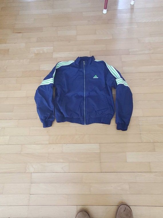 Lined Adidas Nylon Jacket Front Zip 90's Vintage Blue White Lime