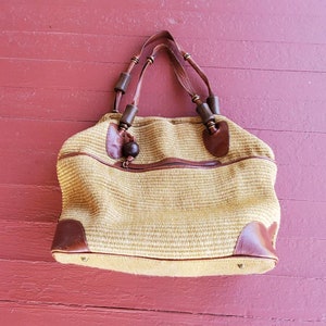 Large Sisal Leather market bag 90&#39;s vintage Daytons leather straps and corners piping wood accents 17/14&quot; woven sisal large shoulder bag