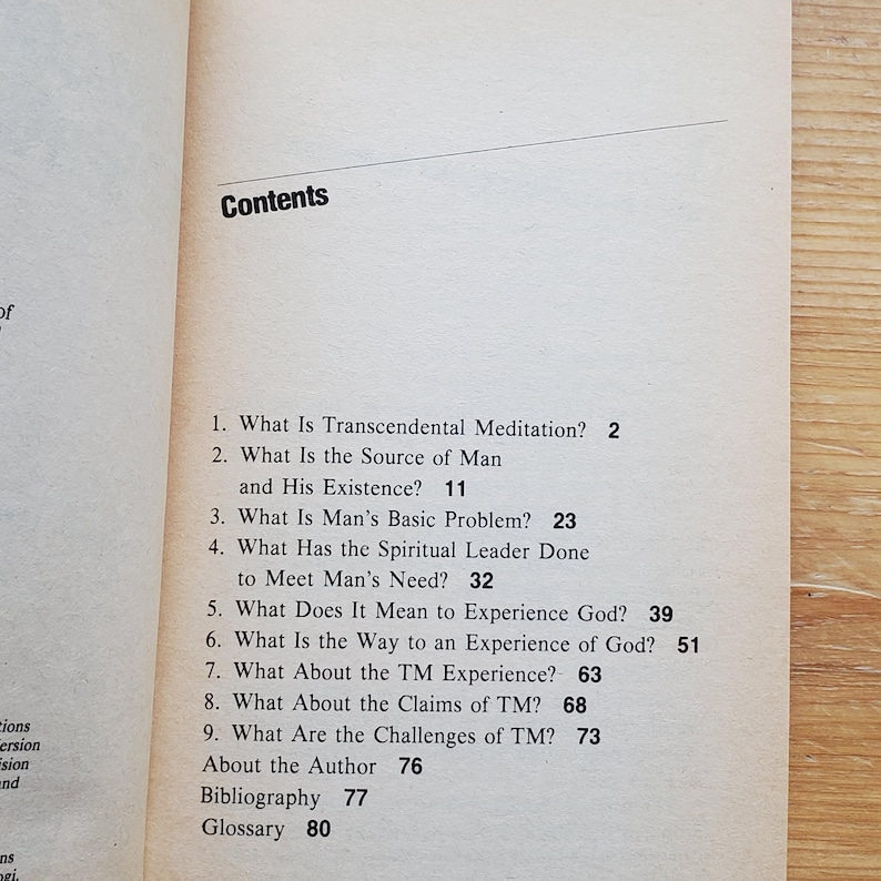 May include: Open book page with the title "Contents" at the top. The table of contents lists chapter titles such as "What Is Transcendental Meditation?" and "What Is the Source of Man and His Existence?" in black text.