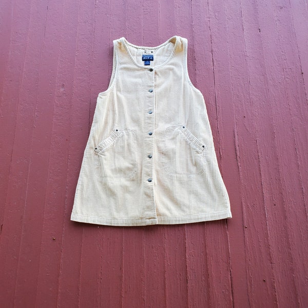 Corduroy tank dress '90s vintage Butter Creamy Yellow Faded Soft color Cotton Scoop neck button down has Pockets