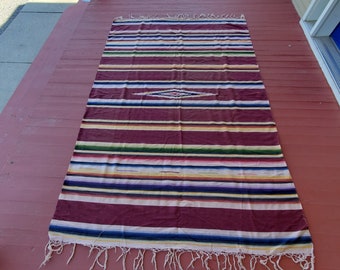Mexican Saltillo Handwoven Wool/Cotton Blanket Serape with Fringe Vintage  Beautiful deep colors with muted colors vintage 86"/58