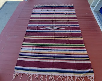 Vintage Mexican Saltillo Blanket: Handwoven Wool Serape with Fringe