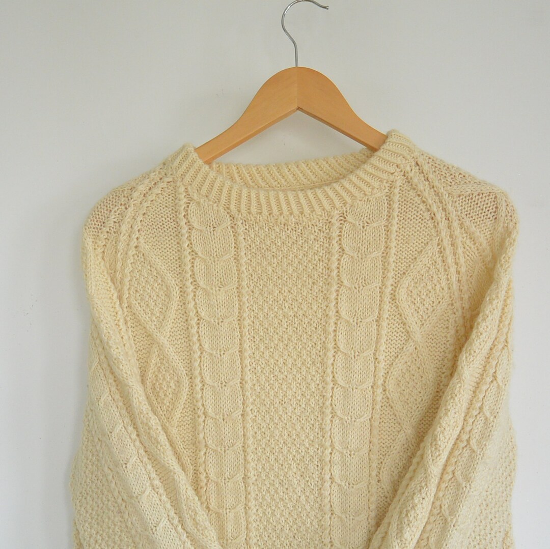 Men s Wool Fisherman Sweater Cable Knit Cream off White Hand Knit Irish