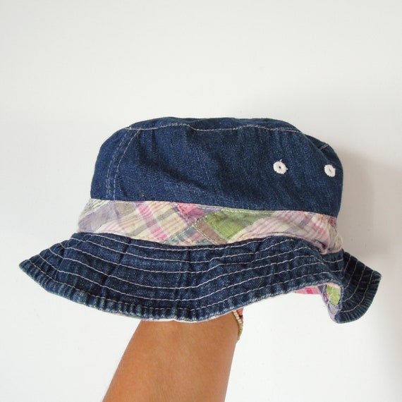 Denim bucket Hat reversible Plaid Denim 90's vint