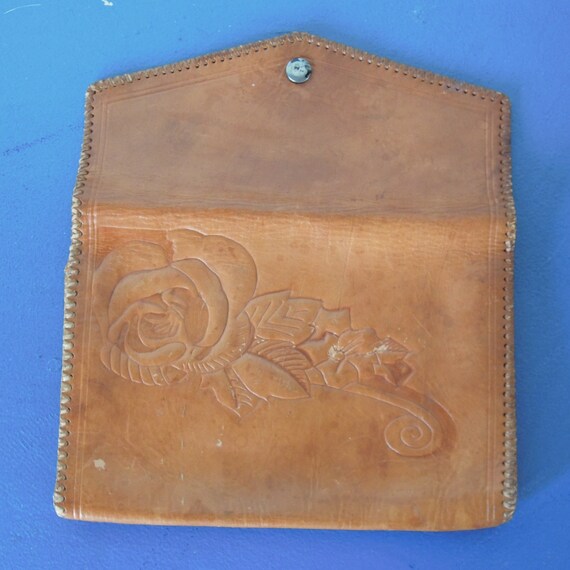 Hand Tooled leather Clutch 10"/7" Purple interior… - image 8