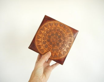 Vintage Tooled Leather Box: Velvet Lined Jewelry Storage (5.75")