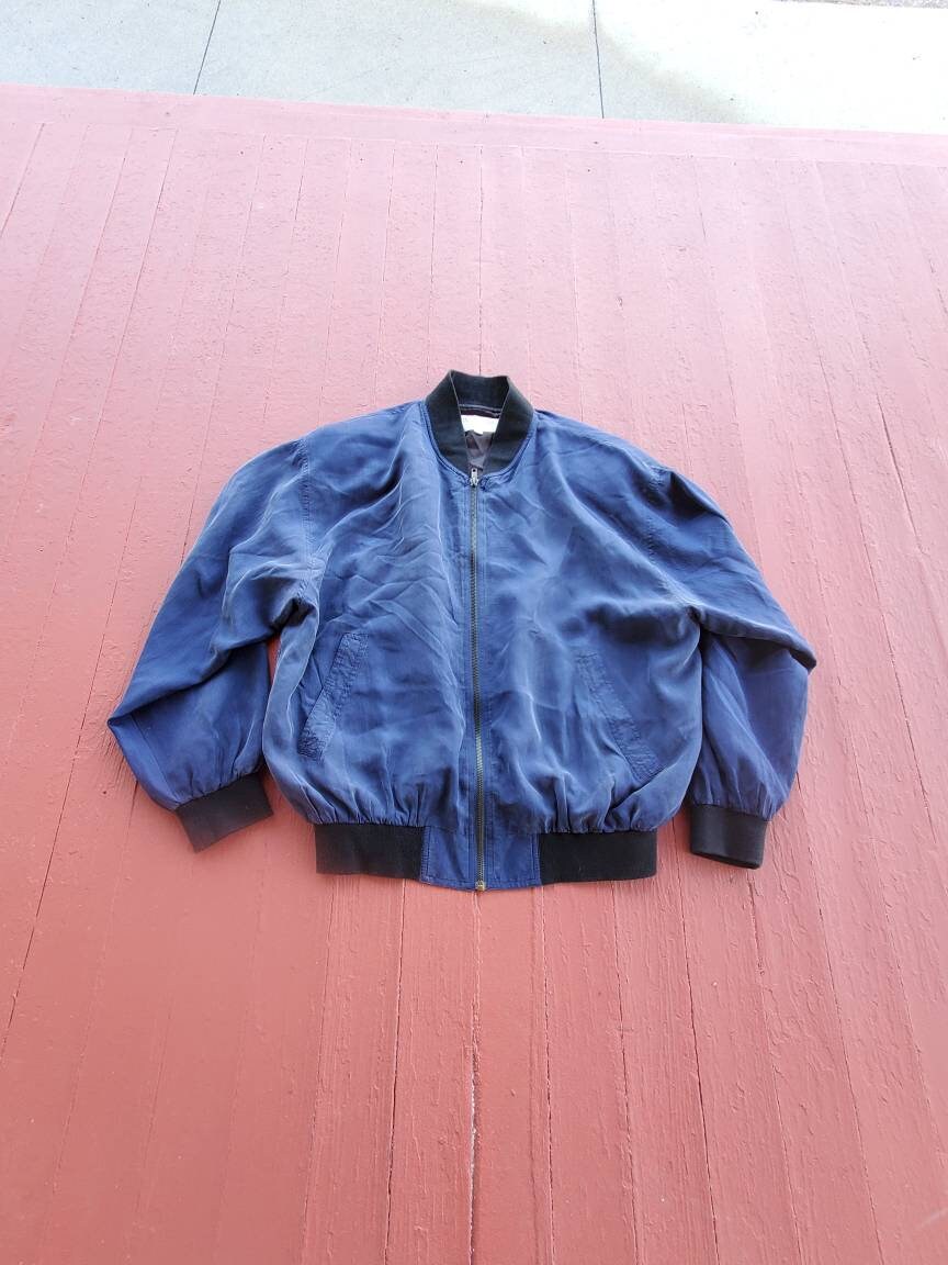 Silk Bomber Jacket Navy Blue Shoulder Pads Zip Front Silk Bomber Jacket Navy Blue Shoulder Pads Zip Front