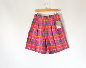 High Waist Plaid Pleated Long Bermuda Shorts new with tags 1980's Cotton Bright Colors Size 12 modern size 8 with 30" waist