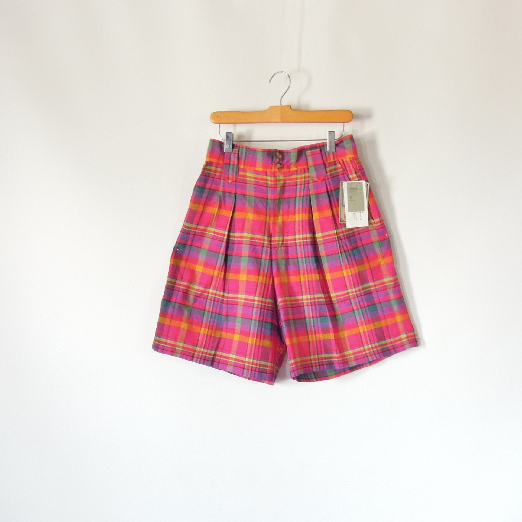High Waist Plaid Pleated Long Bermuda 