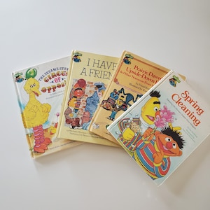 Set of 4 Sesame Street books &#39;80s Sesame Street Circus of Opposites, I have a friend, Prairie Dawn&#39;s Upside Down book, Spring Cleaning