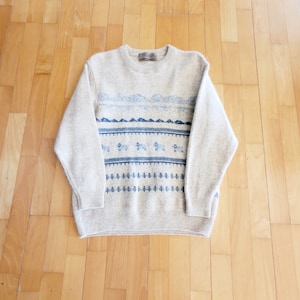 New Zealand fuzzy soft pastel sweater sheep theme lambswool Angora blend made in New Zealand beige and light blue color Colonial Concepts