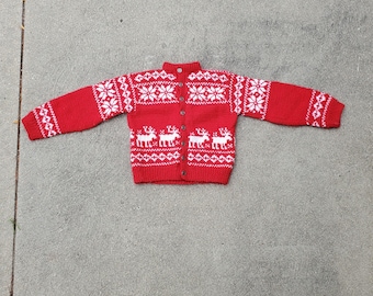 Wool cardigan hand knit moose winter design pattern metal buttons no size measures like a kid's 8/10 winter wool cardigan children's no itch