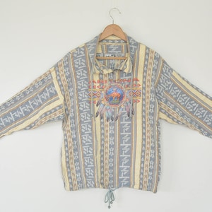 Vintage 80&#39;s Cotton Hopi Indian design Jacket Feathers Native Design Indian on Horse Pastel Southwest Crazy Kat design