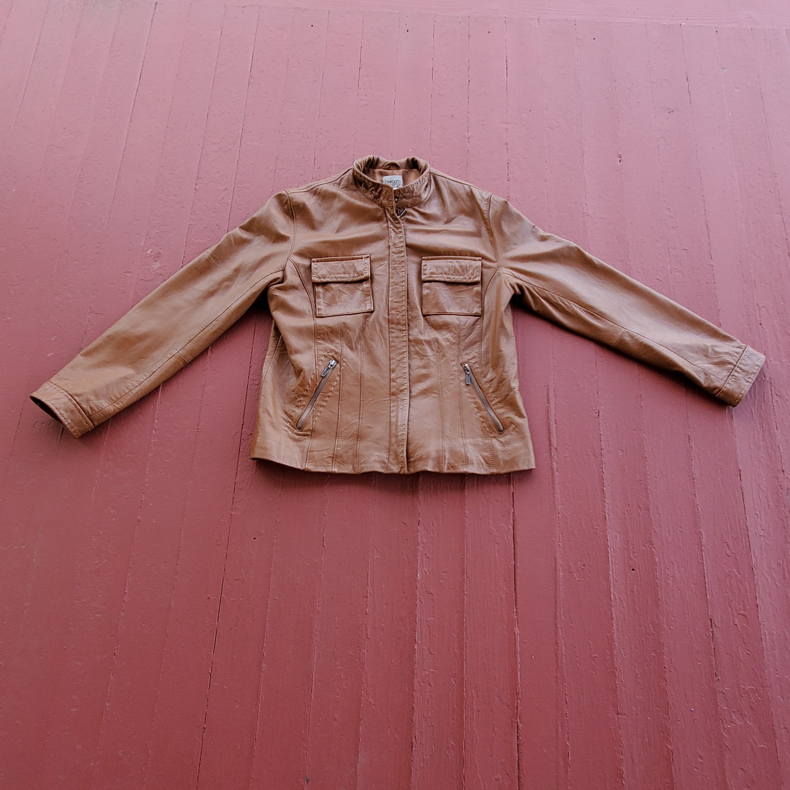 Women's Leather Jacket Banded Collar Top Stitch Caramel Women's Leather Jacket Banded Collar Top Stitch Caramel
