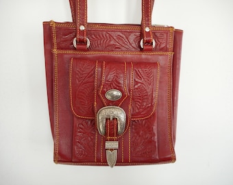 Red Tooled Leather purse Shoulder Bag American West Leather Bag Western Style 6 compartment Silver tooled metal hardware cloth print lined