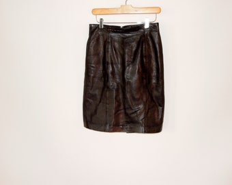 Black leather Skirt Lamb Nappa knee length High Waisted Pencil Skirt Supple leather Dana Brooke Vintage size 8 Modern size 4 with 28" waist