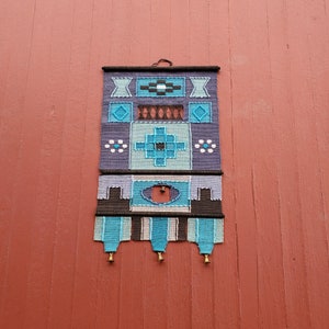 Vintage Geometric Wall Hanging: 80s Folk Art Weaving with Bells