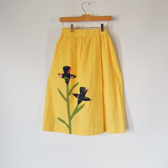 Yellow Midi Wrap Skirt 1970's era Flower Applique 