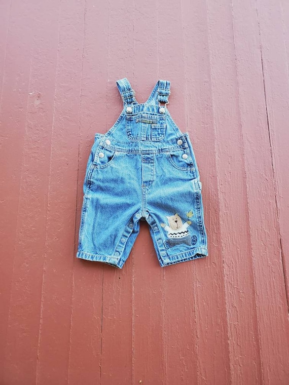 Gap Baby Overalls Denim Bib Overalls Size 3-6 Months Snap Crotch Fuzzy Bear  Patch Vintage Gap Baby Overalls 