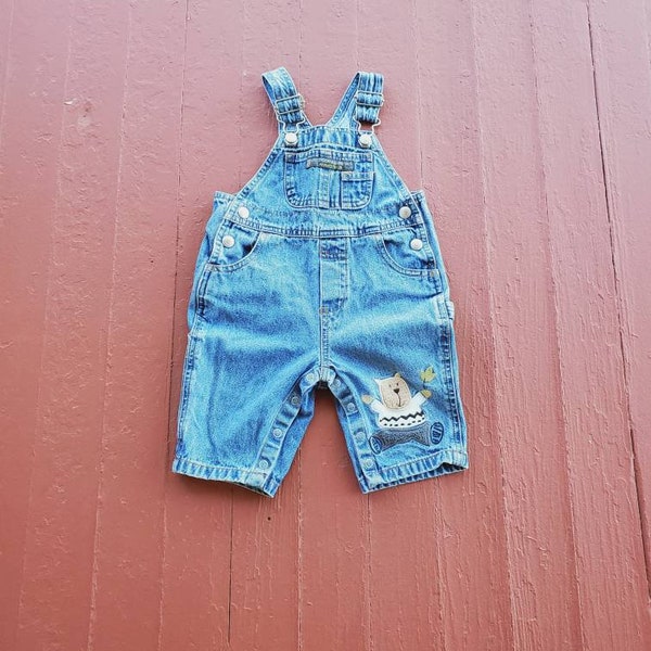 Gap baby overalls denim bib overalls Size 3-6 Months snap crotch Fuzzy Bear Patch vintage Gap Baby Overalls