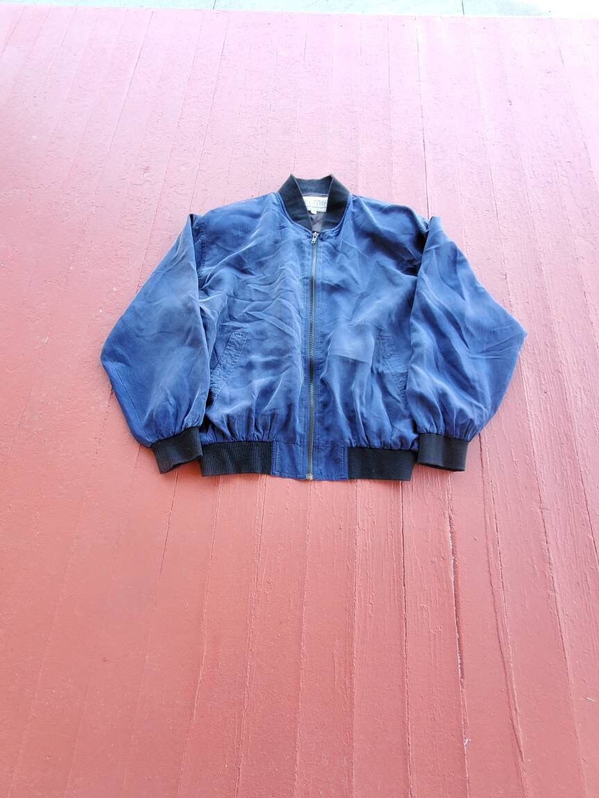 Vintage Washed Silk Bomber Jacket: Navy Blue Oversized 80s Style