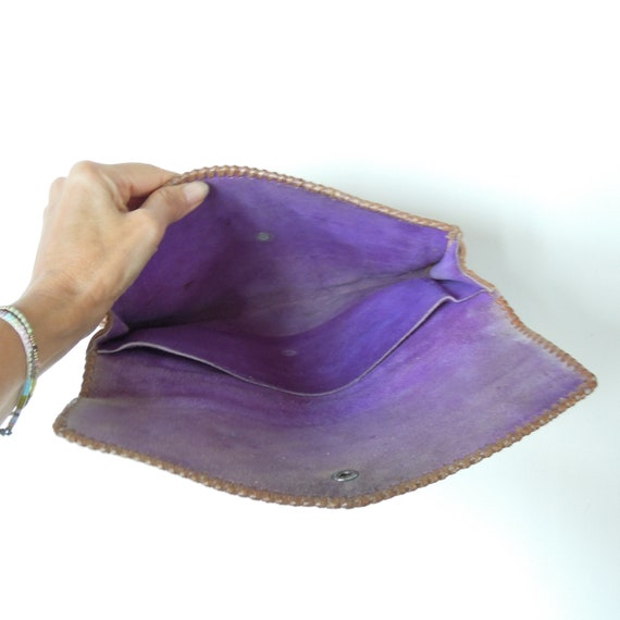 Hand Tooled leather Clutch 10"/7" Purple interior… - image 6