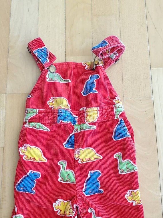 Dinosaur baby overalls red corduroys snap crotch size… Gem