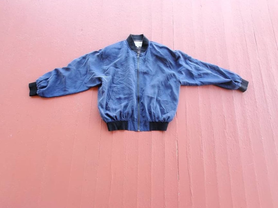 Silk Bomber Jacket Navy Blue Shoulder Pads Zip Front