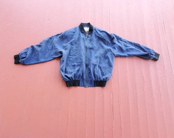 Vintage Washed Silk Bomber Jacket: Navy Blue Oversized 80s Style
