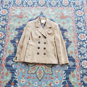 Vintage 80s Tan Double-Breasted Blazer: Shoulder Pads, Size 7/8