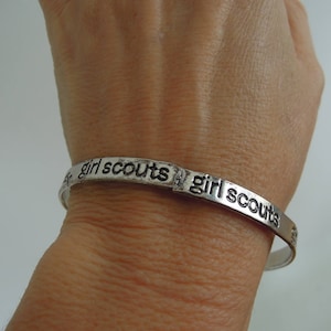 Girl Scouts Silver Bangle Bracelet Vintage Copy Write Stamp Authentic Girl Scouts Collector's Item Size large 8 1/2 around