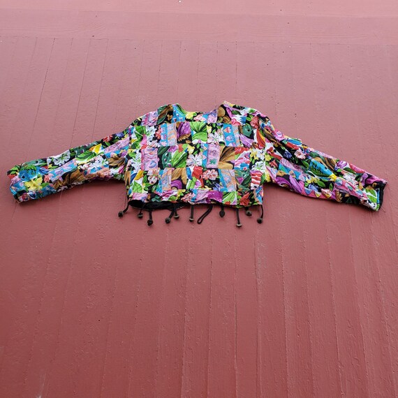 Floral Patchwork Cropped Rayon Jacket: Metal Coin… - image 4