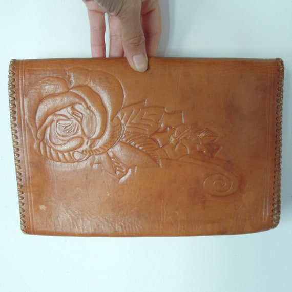 Hand Tooled leather Clutch 10"/7" Purple interior… - image 7