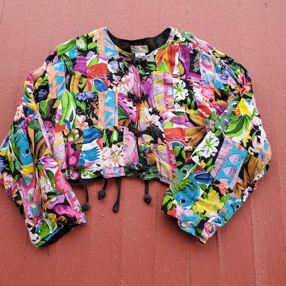 Floral Patchwork Cropped Rayon Jacket: Metal Coin… - image 1