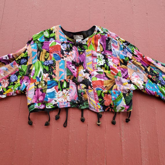 Floral Patchwork Cropped Rayon Jacket: Metal Coin… - image 2