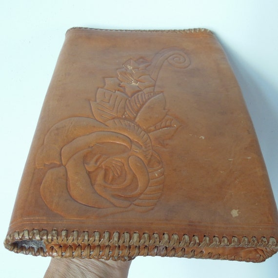Hand Tooled leather Clutch 10"/7" Purple interior… - image 3