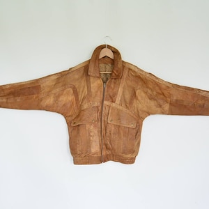 Mottled Brown Leather Bomber Jacket German Aviator Jacket Size 46 Large 80&#39;s Graphic Print Liner Huge Pockets Super Soft Leather Jacket