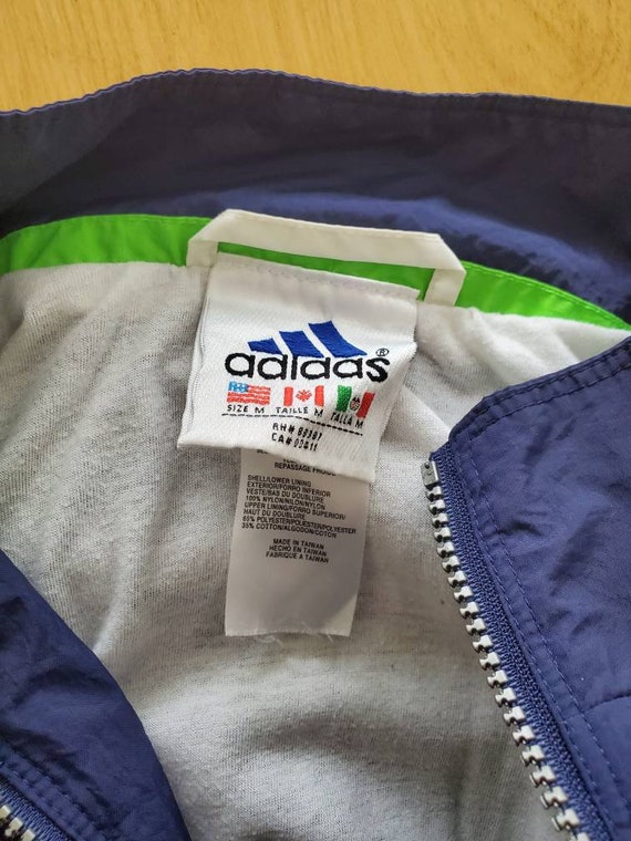 Lined Adidas Nylon Jacket Front Zip 90's Vintage Blue White Lime