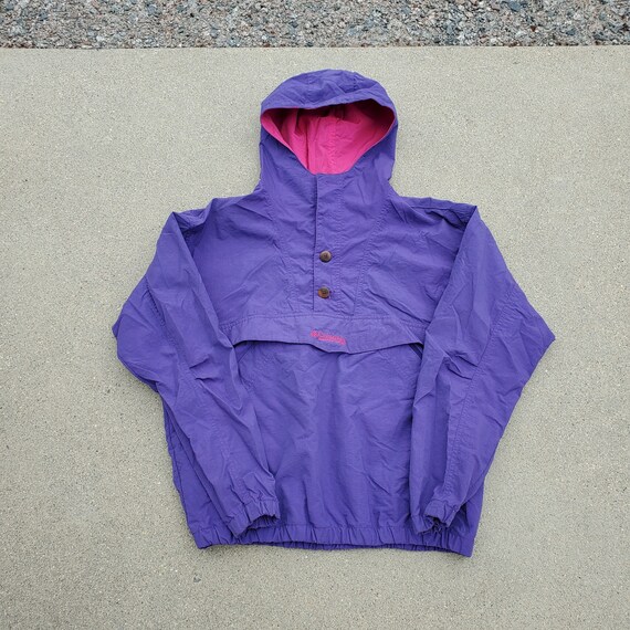 Columbia Anorak Jacket Pullover Kangaroo Pocket Hooded Partial Button down 80s or 90s Vintage Purple Color Midweight Size Youth 18 20 Etsy
