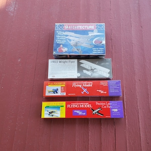Set of 4 vintage model airplane kits Laser cut 2 Dumas Aircraft rubber powered flying models, 1903 Wright flyer, and large Matchitecture kit