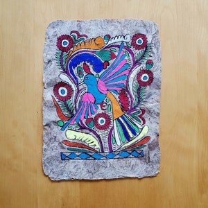 Vintage Mexican Amate Bark Painting: Bird of Paradise Folk Art (9.5&quot;/13&quot;)