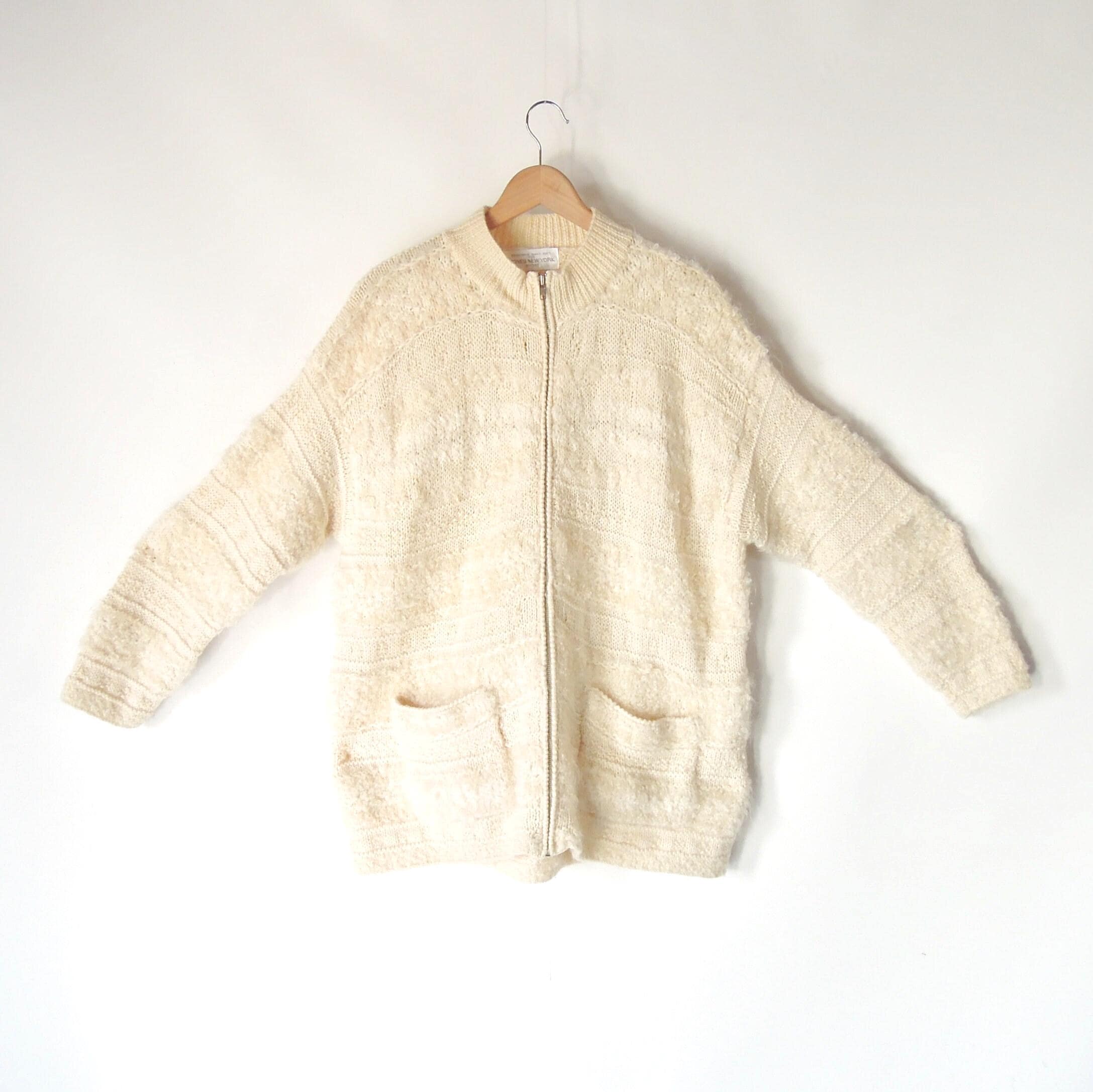 Vintage Hand Knit Mohair Cardigan: Cream Fuzzy Zip-up, XL - Etsy