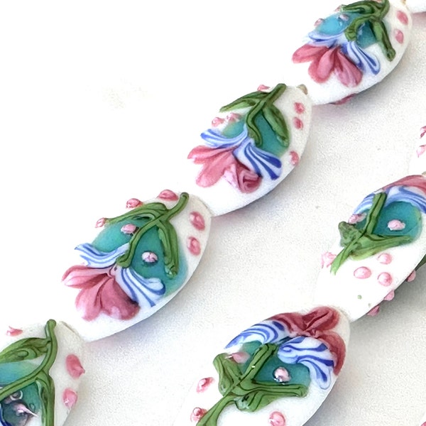 Floral Flat Oval White Lampwork Glass Beads | pastel pink + blue flower with moss green stem + pink polka dots | PER piece or by the strand