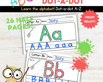 Puede incluir: Hojas de trabajo de puntos a puntos del alfabeto imprimibles para niños. Cada página presenta una letra del alfabeto con puntos para conectar. Las hojas de trabajo incluyen espacio para trazar la letra y escribir la letra en minúscula y mayúscula. Las hojas de trabajo están etiquetadas como "Letra: Aa" y "Letra: Bb".