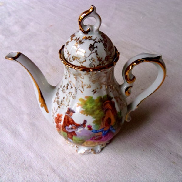 Coffee pot vintage French teapot coffee server true porcelain Elegant design Color LOVERS motif Gold flowers white body and gold trim