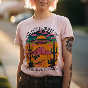 Friends In Strange Places Tee, Alien Shirt Women, Alien Cowgirl, Cowgirl Shirt For Women, UFO Shirt, X-Files T-Shirt image 6