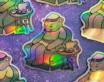 Live Slow Die Cozy Hologram Sticker, Sleepytime Bear, Aesthetic Stickers, Millennial Stickers, Millennial Gifts, Cute Stickers for Laptop