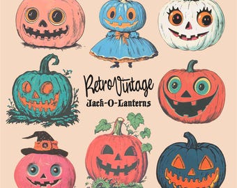 Retro Vintage Jack-O-Lantern Clipart Bundle, Halloween Pumpkin PNG (Digital Download)